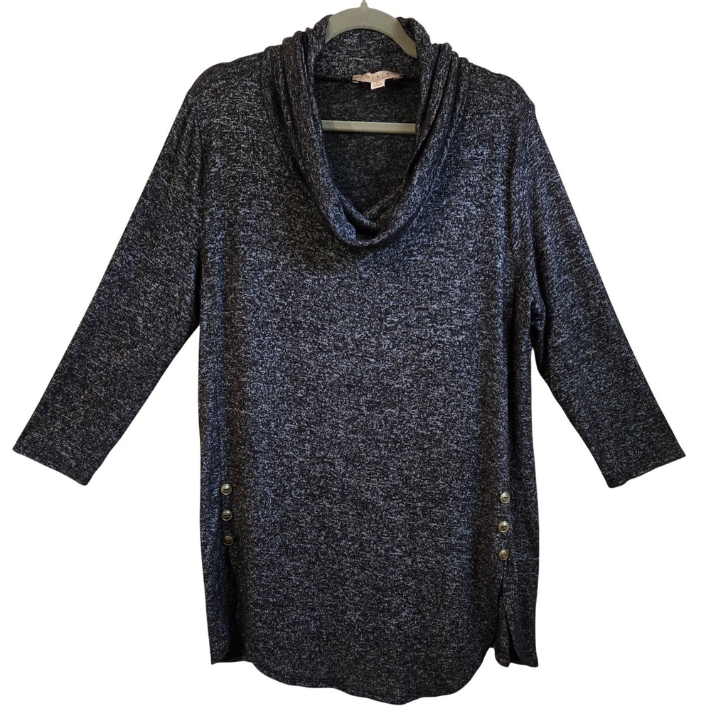Misia‎ Curvy Womens 2X Chic Charcoal Marled Cowl Neck Tunic Sweater Side Buttons